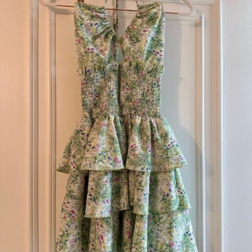 "SHEIN" Flowy and Layered Floral Mini Halter V-Neck Dress - Size XS